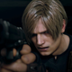 Leon points his handgun at the camera in a screenshot from Resident Evil 4's remake.